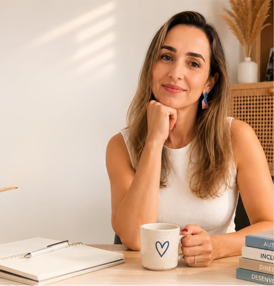 Letícia Naves, instrutora educacional de direitos atípicos, sentada à mesa de trabalho