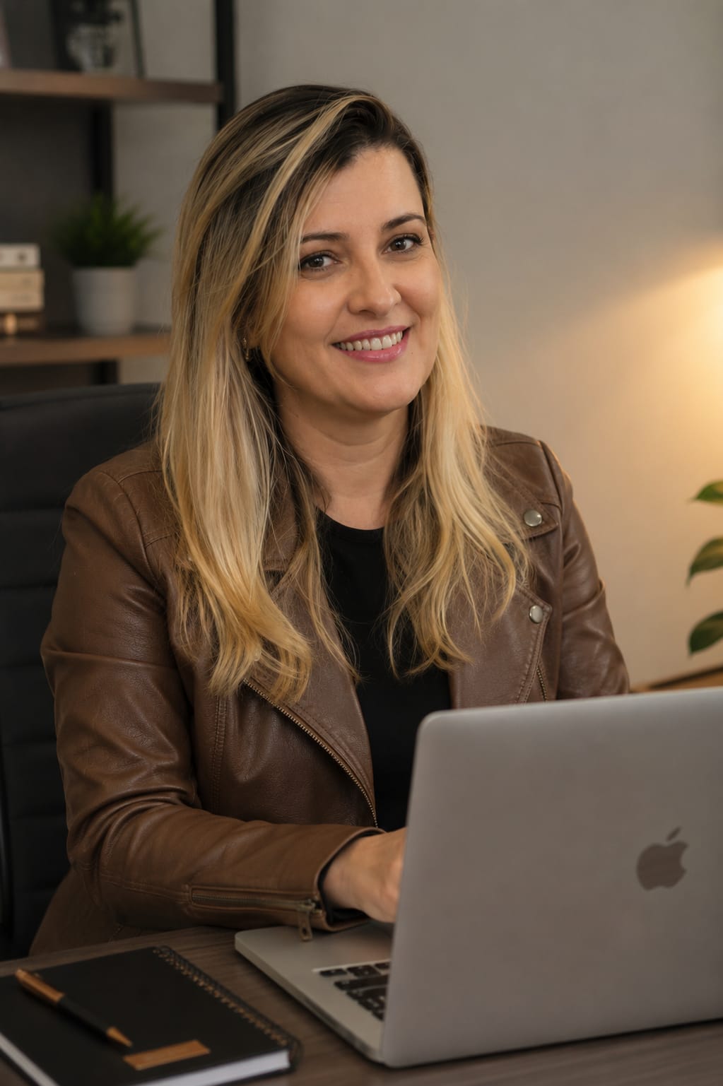 Luciene Torres, mentora de inteligência emocional, sorrindo em frente ao notebook